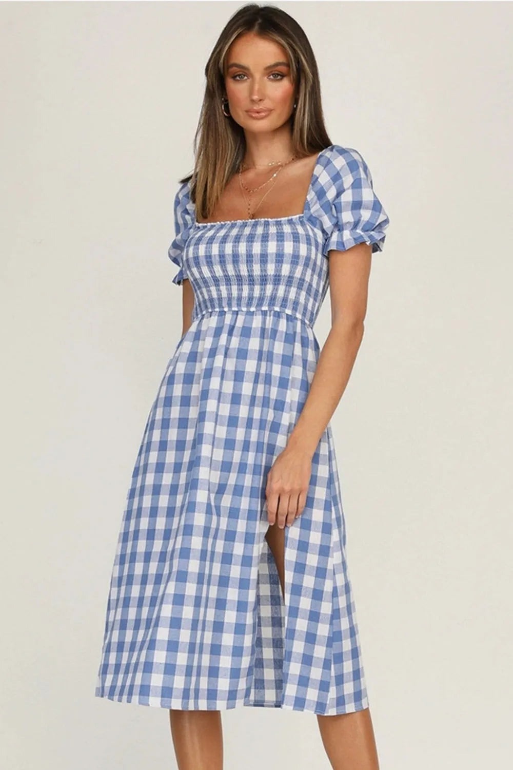 Full Size Slit Plaid Short Sleeve Midi Dress Light Blue Casual Dresses - Tophatter Daily Deals