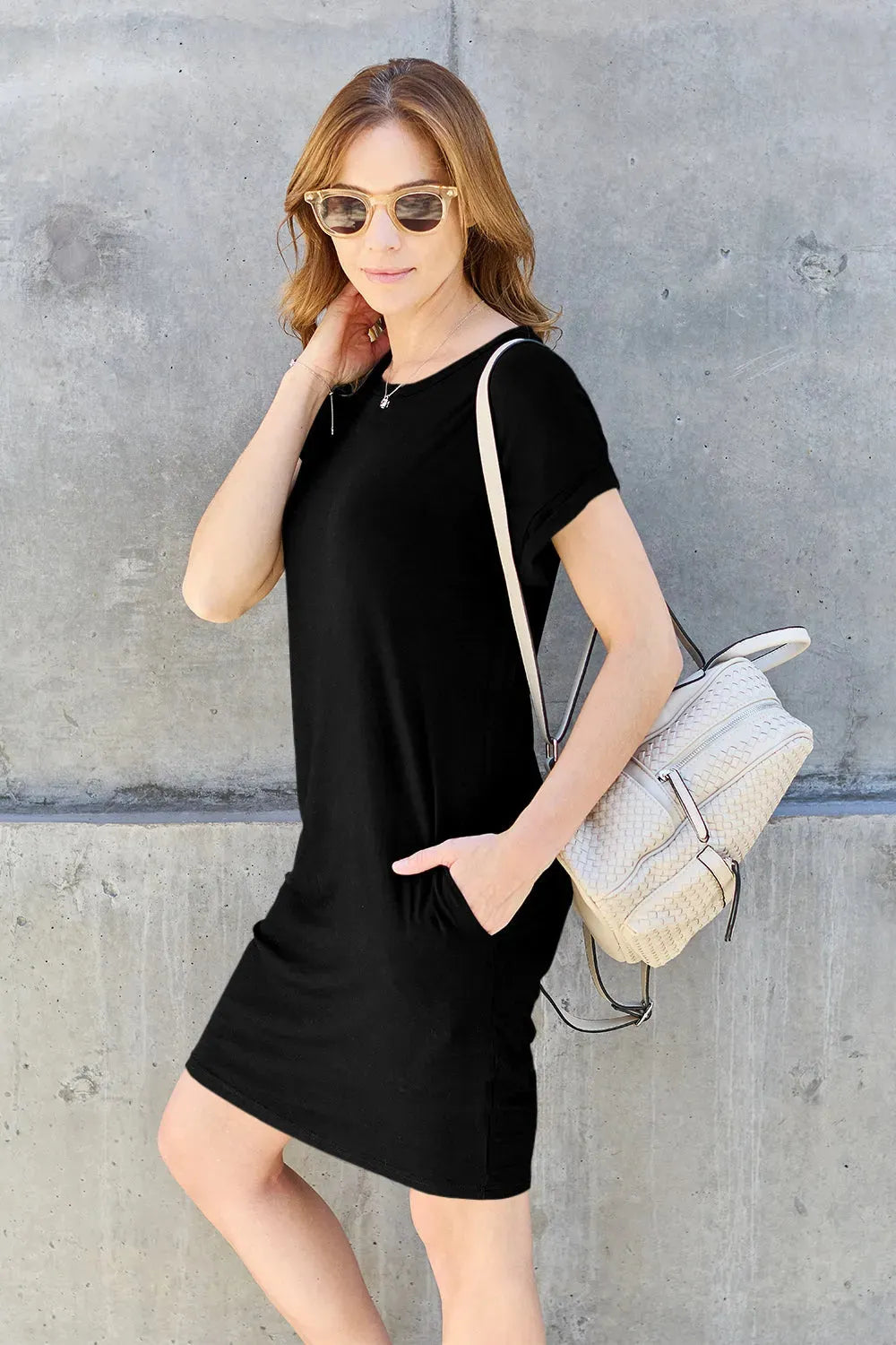 Basic Bae Bamboo Full Size Round Neck Short Sleeve Dress with Pockets Casual Dresses - Tophatter Daily Deals