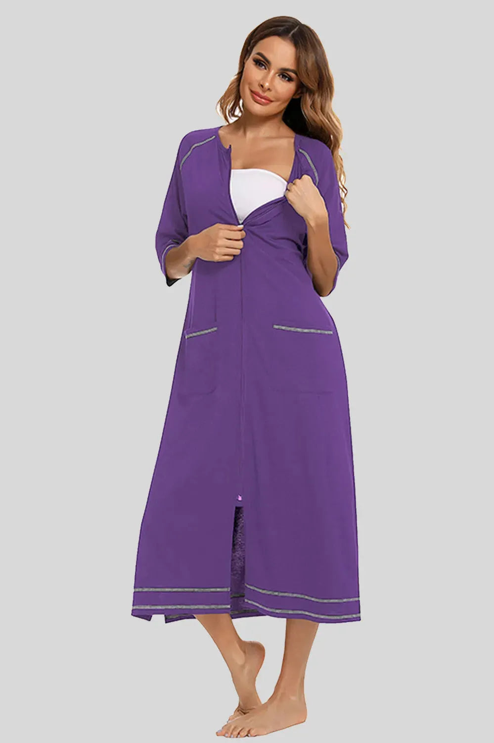 Zip Up Slit Round Neck Night Dress with Pockets Violet Sleep Dresses - Tophatter Daily Deals