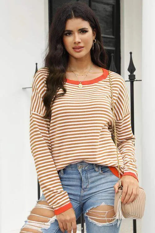 Striped Round Neck Drop Shoulder T-Shirt Ochre Blouses - Tophatter Daily Deals