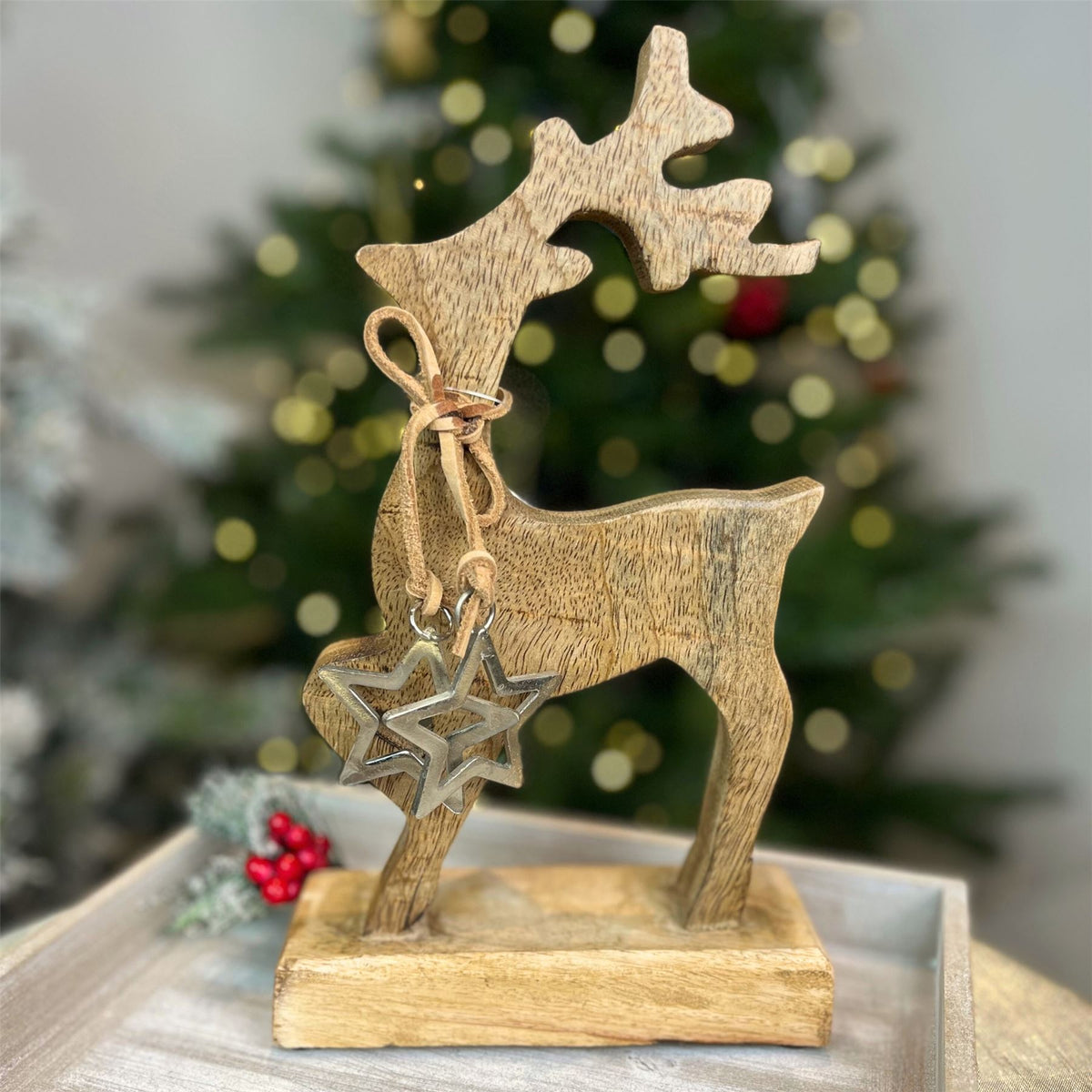Rustic Wooden Reindeer Ornament | Christmas Deer Sculpture on Wooden Base - 26cm Ornament - Tophatter Daily Deals