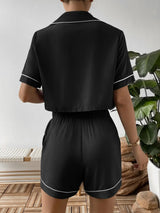 Contrast Lapel Collar Cropped Shirt and Shorts Lounge Set Loungewear Sets - Tophatter Daily Deals