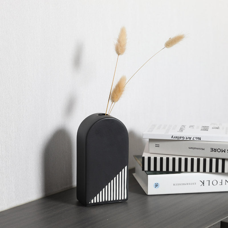 Black And White Striped Ceramic Dried Flower Vase Decorative Art Ornaments 0 - Tophatter Daily Deals