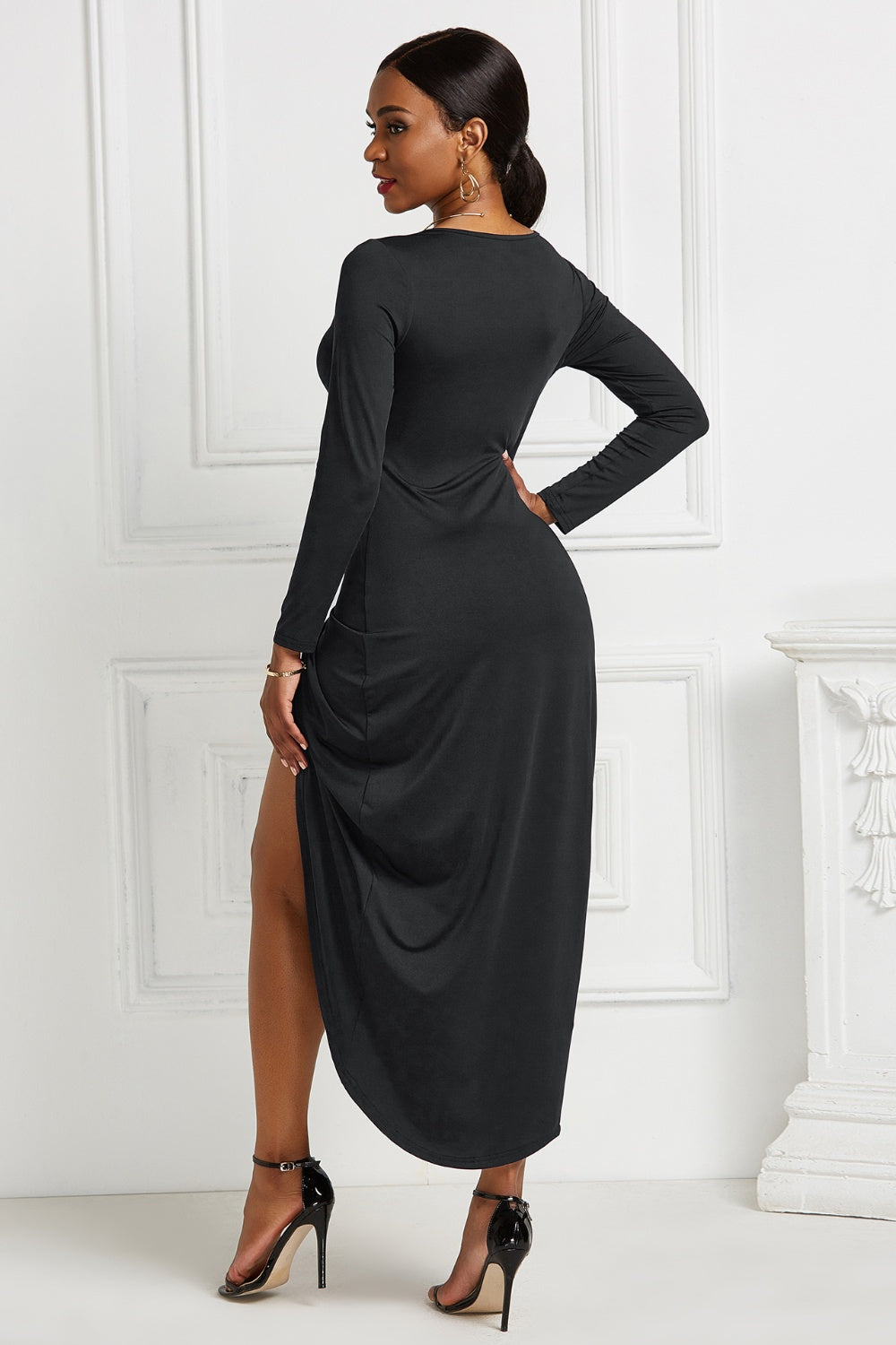 High-low Ruched Surplice Long Sleeve Dress - Tophatter Deals