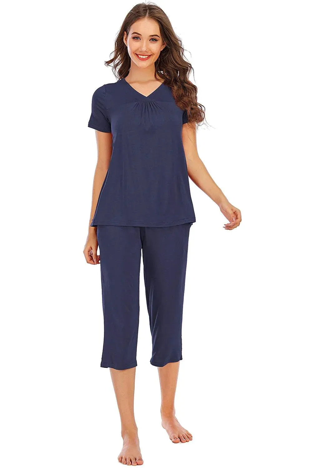 V-Neck Short Sleeve Top and Pants Lounge Set Loungewear Sets - Tophatter Daily Deals