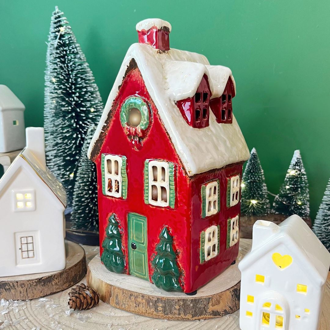 Red Ceramic Christmas House Tealight Holder | Candle Holder Cottage Ornament Candle Holder - Tophatter Daily Deals