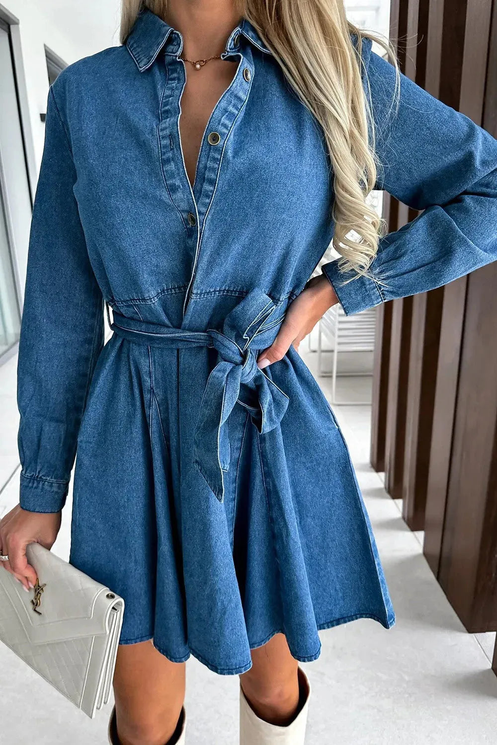 Tied Half Button Long Sleeve Denim Dress Casual Dresses - Tophatter Daily Deals