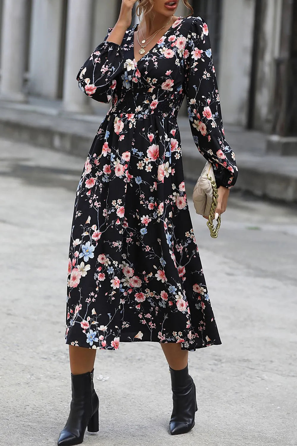 Floral Long Sleeve Surplice Neck Dress Casual Dresses - Tophatter Daily Deals