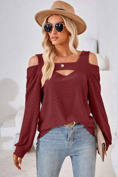 Cutout Square Neck Cold Shoulder T-Shirt Wine Women's T-Shirts - Tophatter Daily Deals