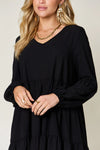 Double Take Full Size V-Neck Balloon Sleeve Tiered Dress Casual Dresses - Tophatter Daily Deals