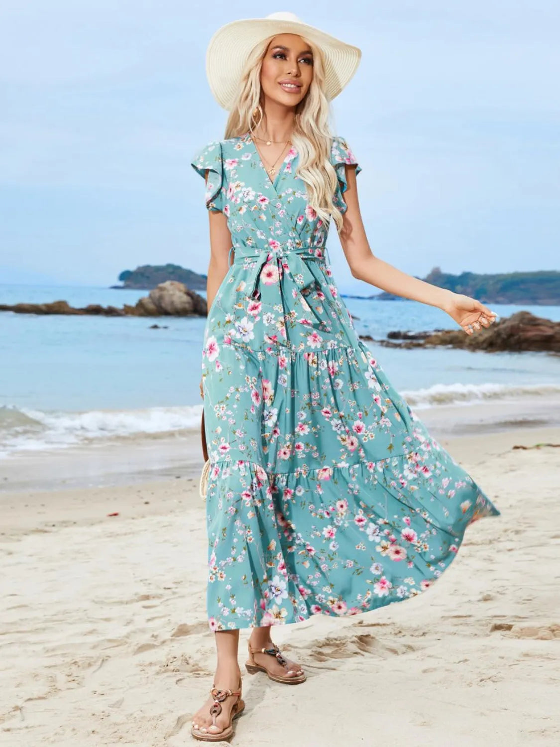 Ruffled Printed Surplice Cap Sleeve Midi Dress Casual Dresses - Tophatter Daily Deals