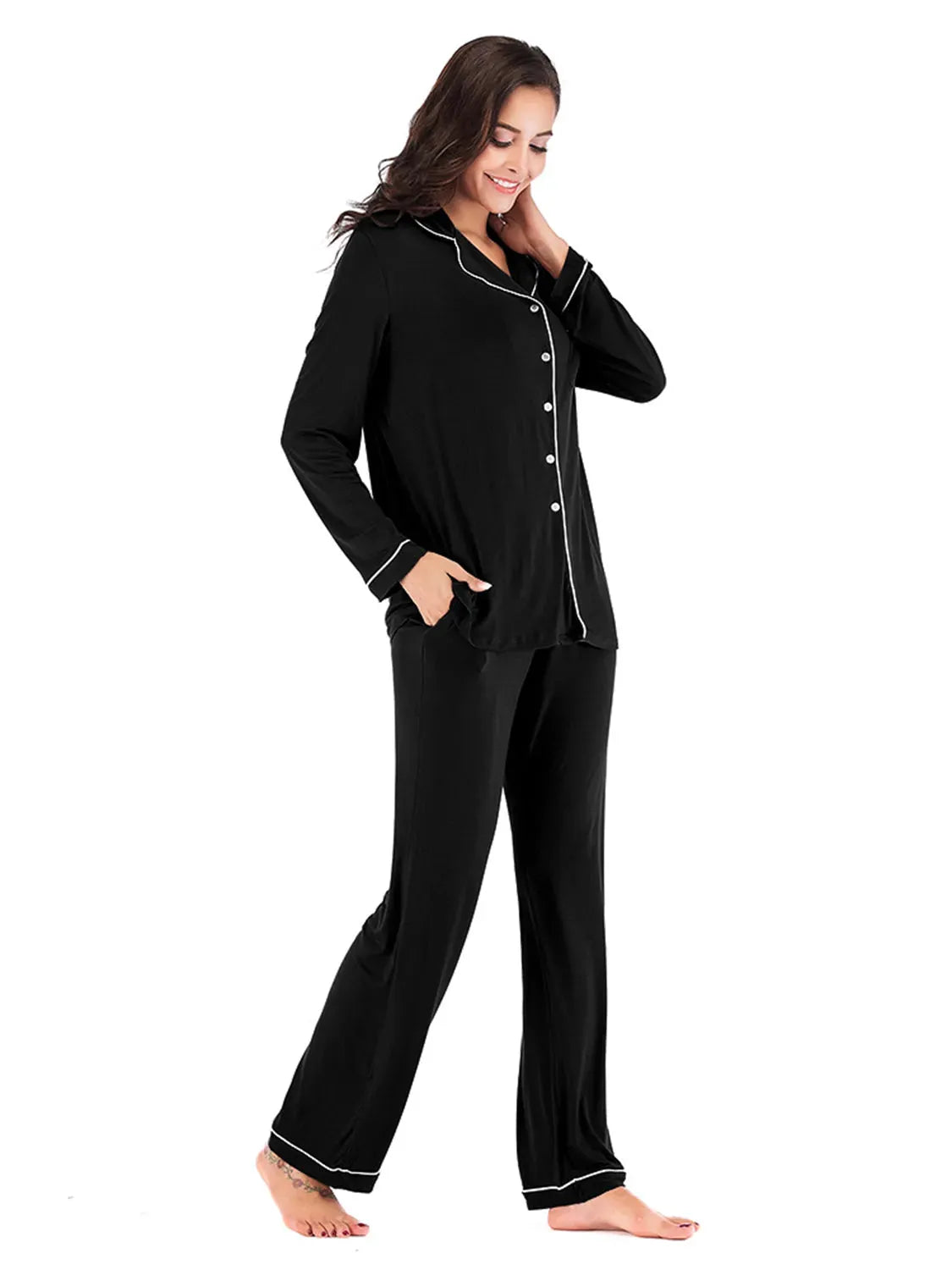 Collared Neck Long Sleeve Loungewear Set with Pockets Loungewear Sets - Tophatter Daily Deals