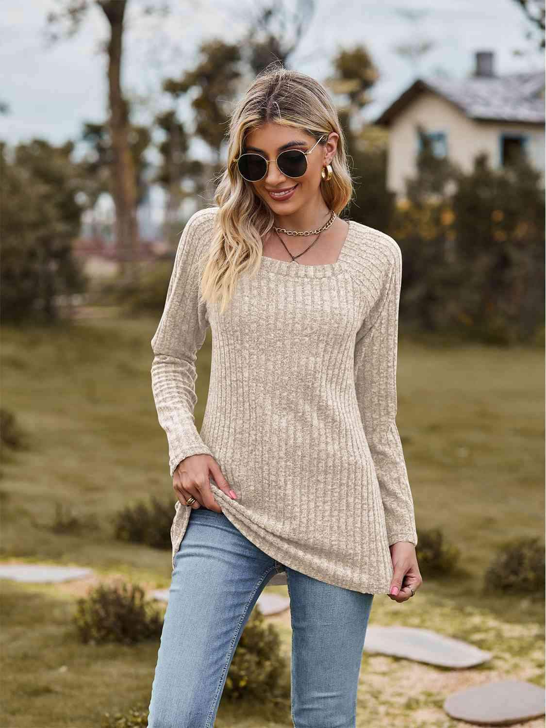 Full Size Ribbed Square Neck Long Sleeve T-Shirt Cream Women's T-Shirts - Tophatter Daily Deals