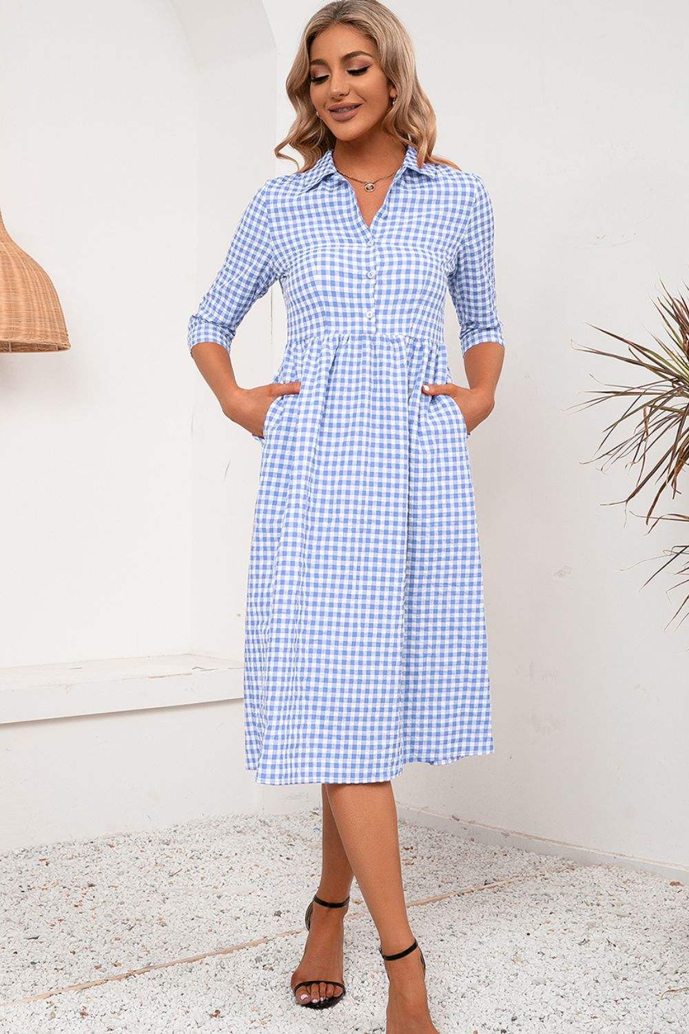 Plaid Collared Neck Midi Dress Casual Dresses - Tophatter Daily Deals