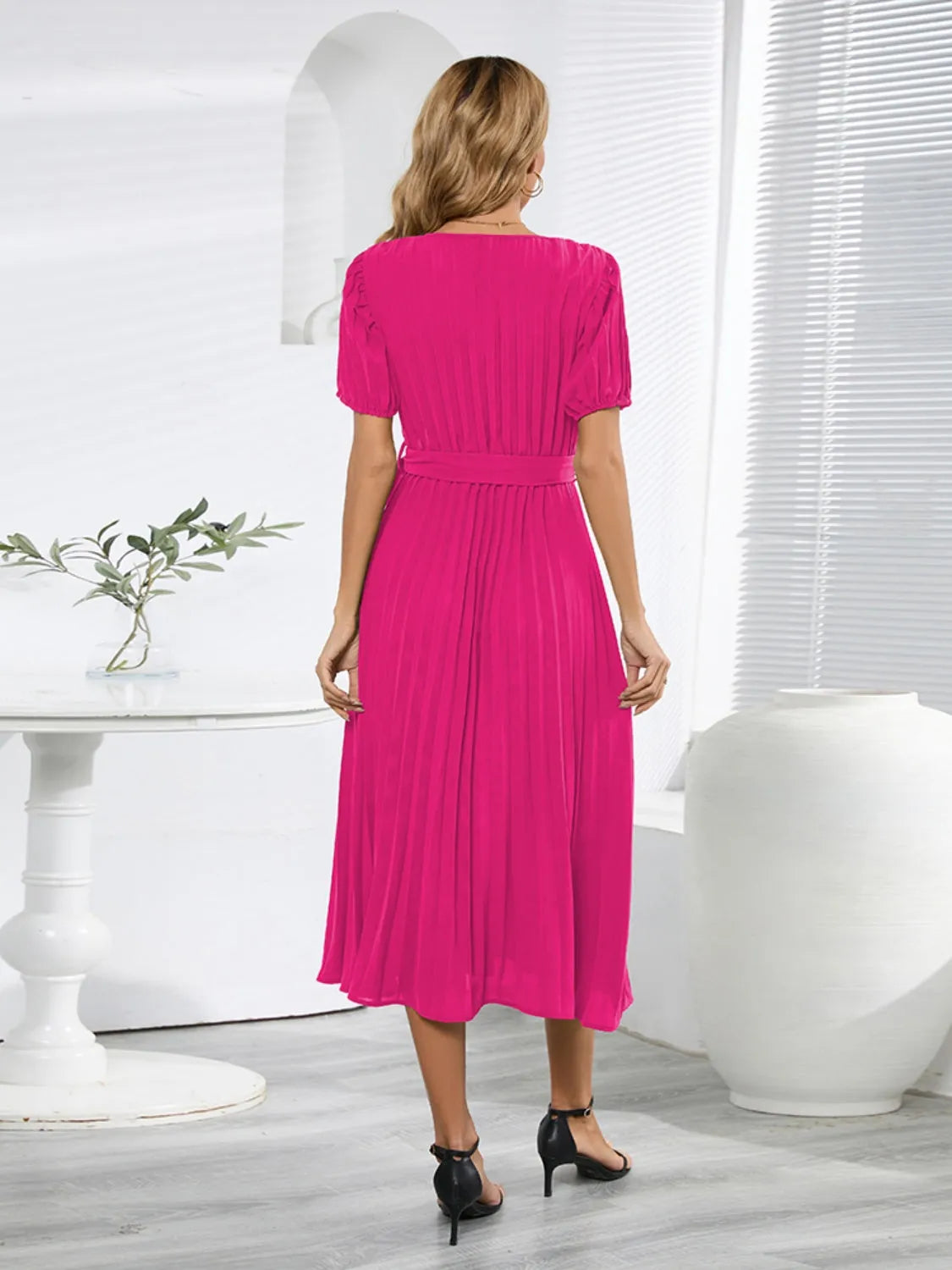 Pleated Surplice Tie Waist Midi Dress Casual Dresses - Tophatter Daily Deals