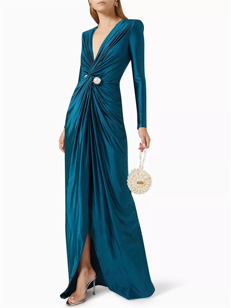 Deep V-Neck Pleated Prom Evening Dress Maxi Dresses - Tophatter Daily Deals