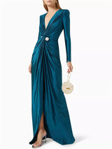 Deep V-Neck Pleated Prom Evening Dress Maxi Dresses - Tophatter Daily Deals