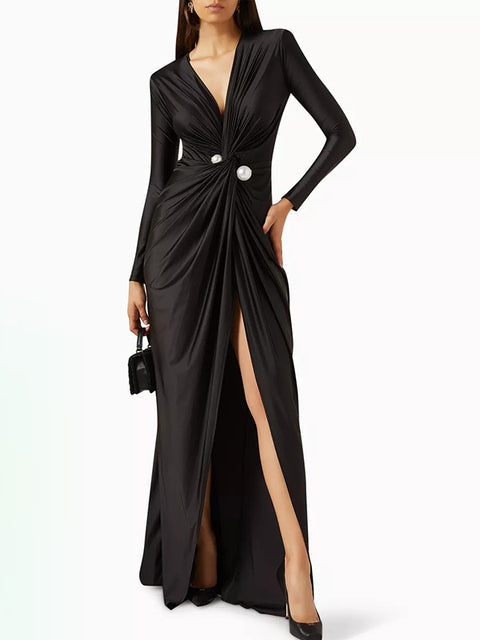 Deep V-Neck Pleated Prom Evening Dress Black Maxi Dresses - Tophatter Daily Deals