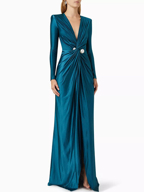 Deep V-Neck Pleated Prom Evening Dress Blue Maxi Dresses - Tophatter Daily Deals