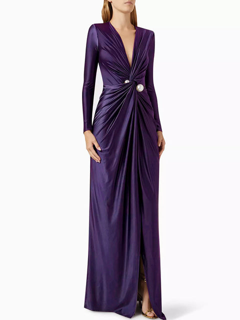 Deep V-Neck Pleated Prom Evening Dress Purple Maxi Dresses - Tophatter Daily Deals