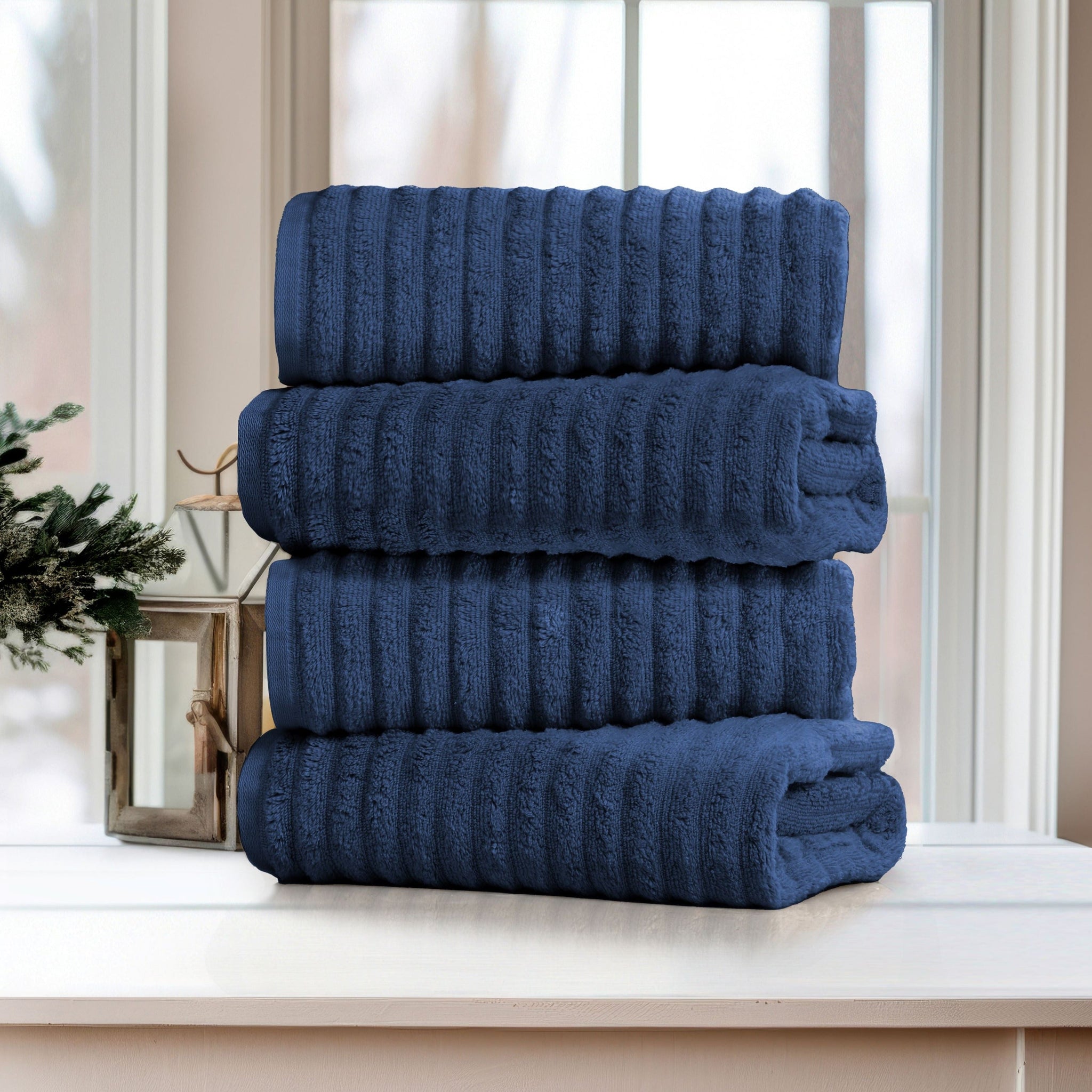 Bibb Home 4 Pack Ribbed Egyptian Cotton Bath Towel Set Deep Blue Bath Towel - Tophatter Daily Deals