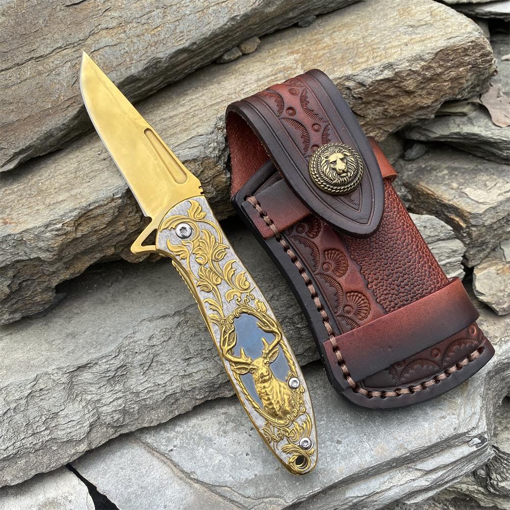 Fantastic Reindeer in the Mirror Folding Knife Golden & Case B - Tophatter Daily Deals