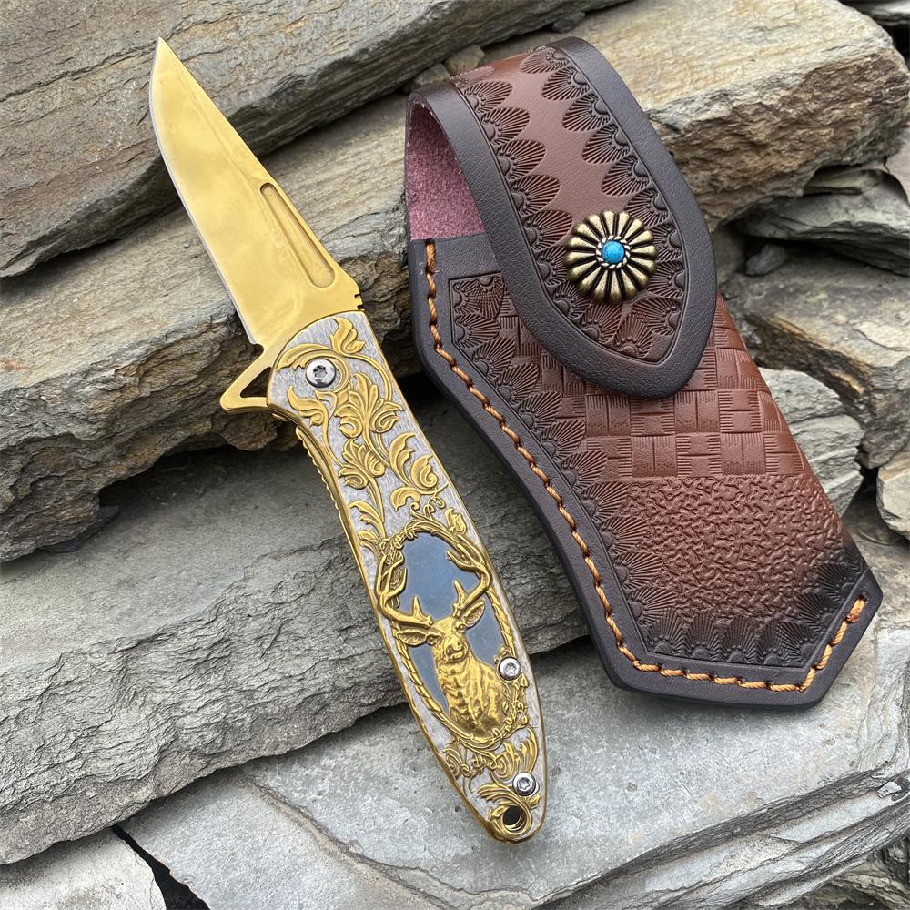 Fantastic Reindeer in the Mirror Folding Knife Golden & Case A - Tophatter Daily Deals