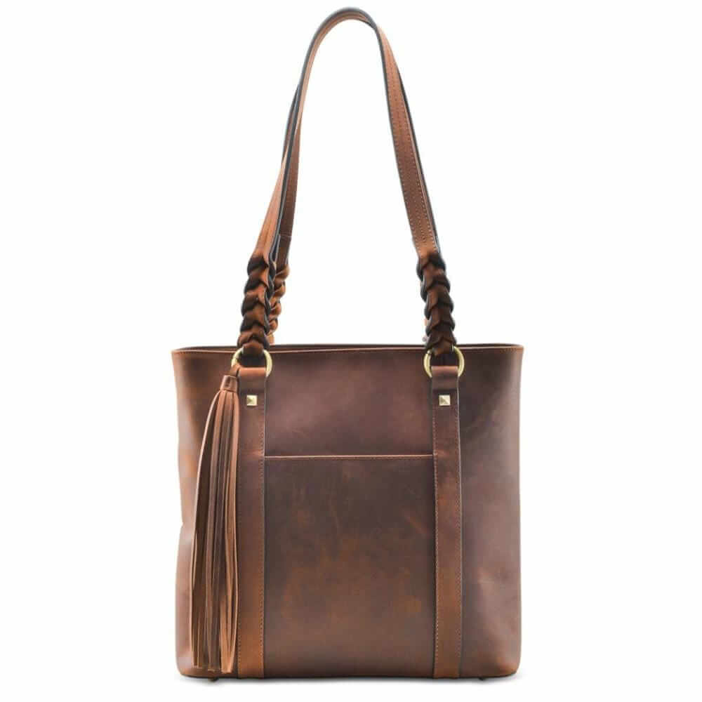 Concealed Carry Bella Leather Tote Lockable CCW Bag Distressed Brown Handgun Purses - Tophatter Daily Deals