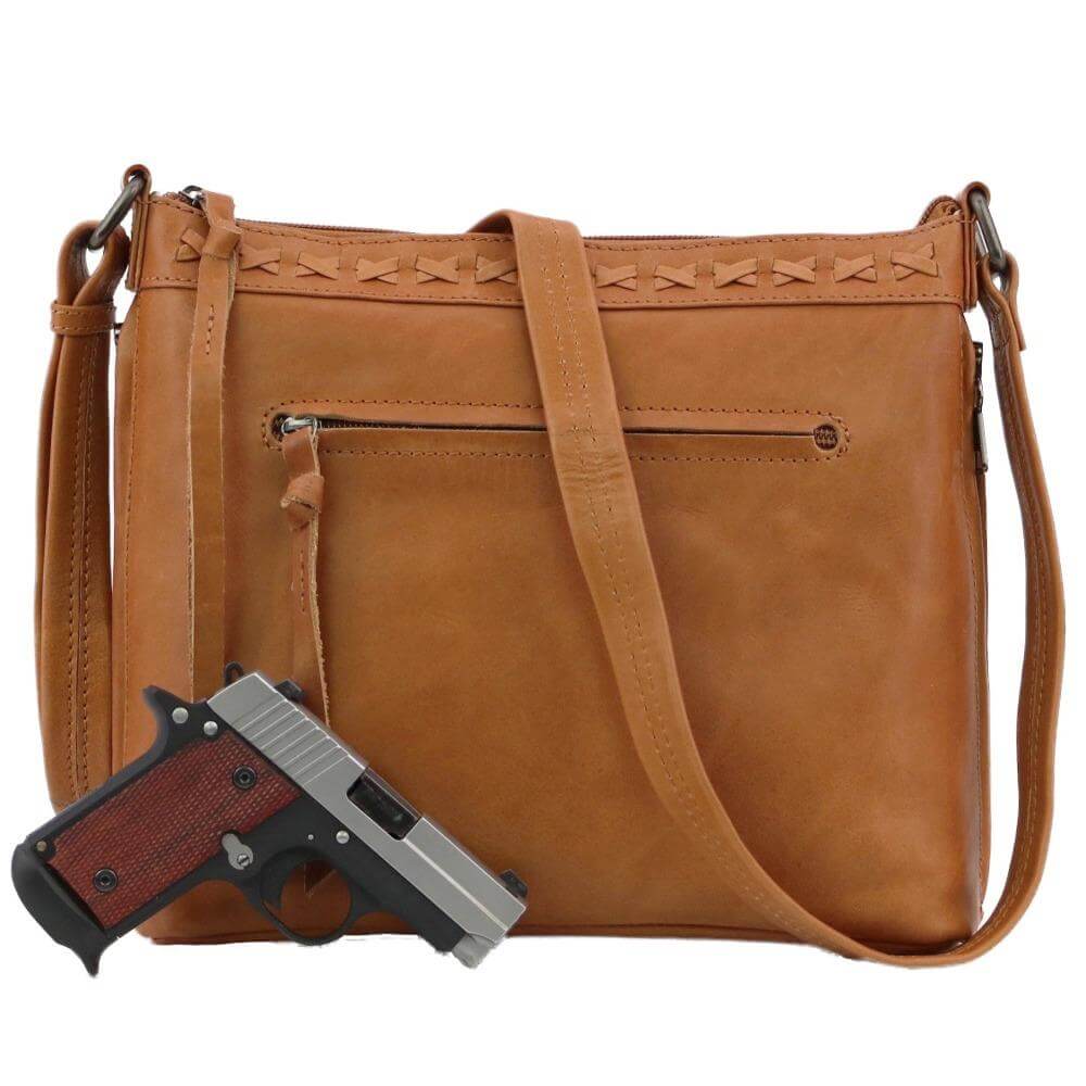 Concealed Carry Faith Genuine Leather Lockable CCW Crossbody Bag Caramel Handgun Purses - Tophatter Daily Deals