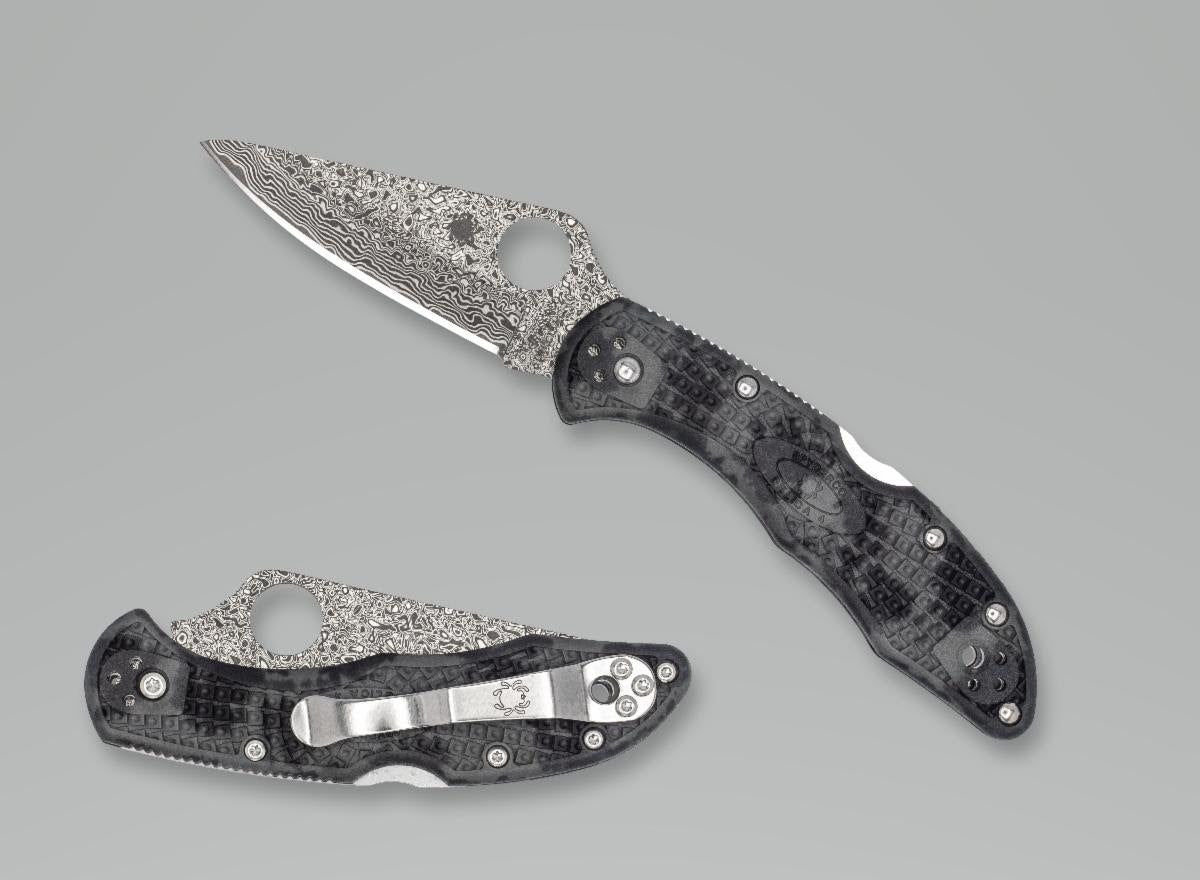 Spyderco Delica - Damascus Blade - Black and Grey ZOME Handle - Distributor Exclusive- C11ZPGYD Folding Knives - Tophatter Daily Deals