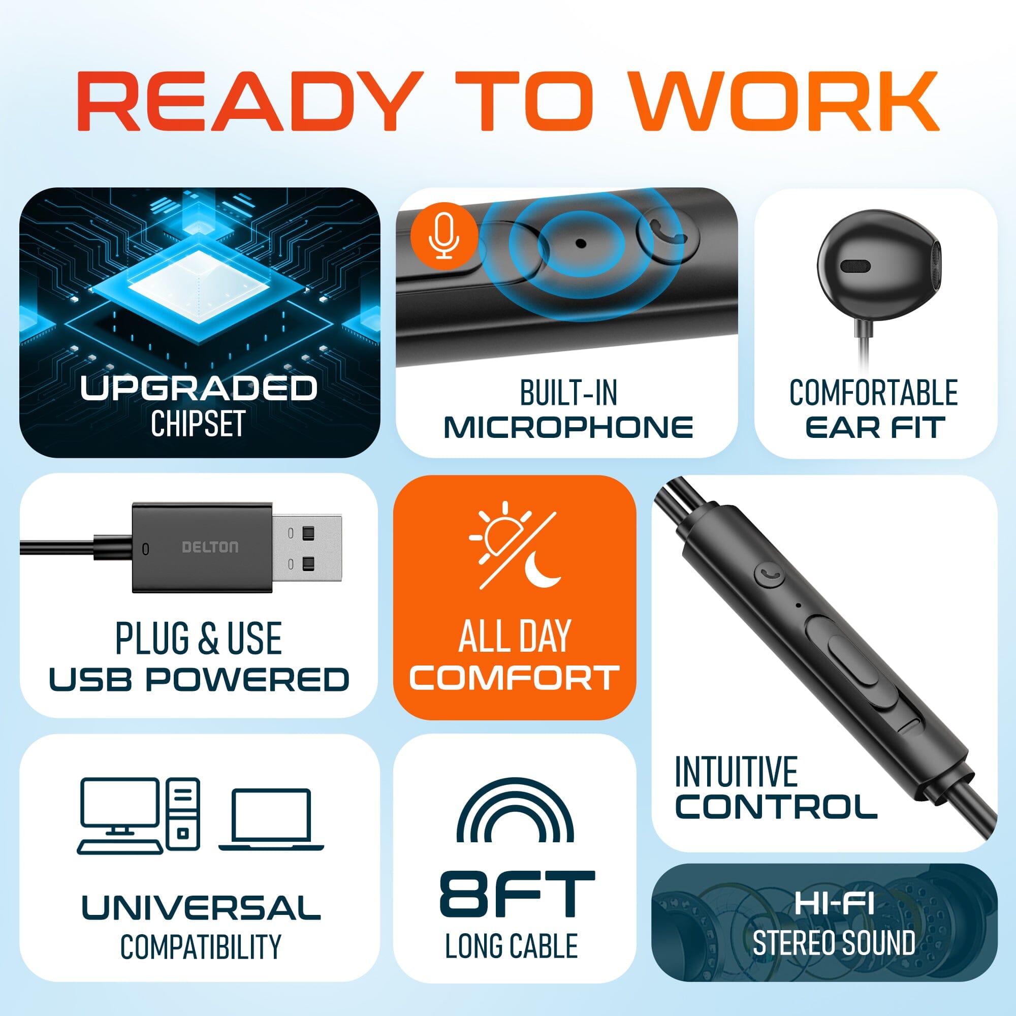 Delton 10E USB A Wired Computer Headset with Microphone 8ft Long Cord Wired Headphones - Tophatter Daily Deals