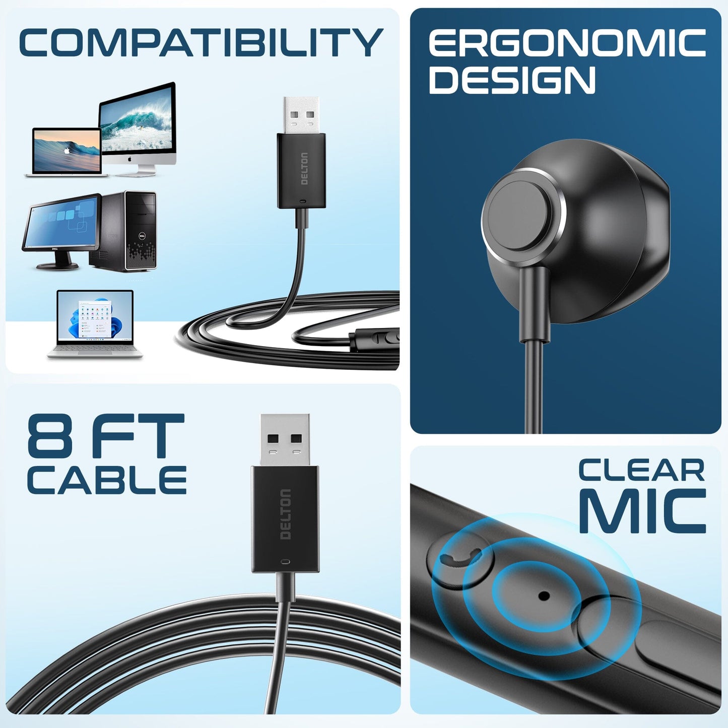Delton 10E USB A Wired Computer Headset with Microphone 8ft Long Cord Wired Headphones - Tophatter Daily Deals
