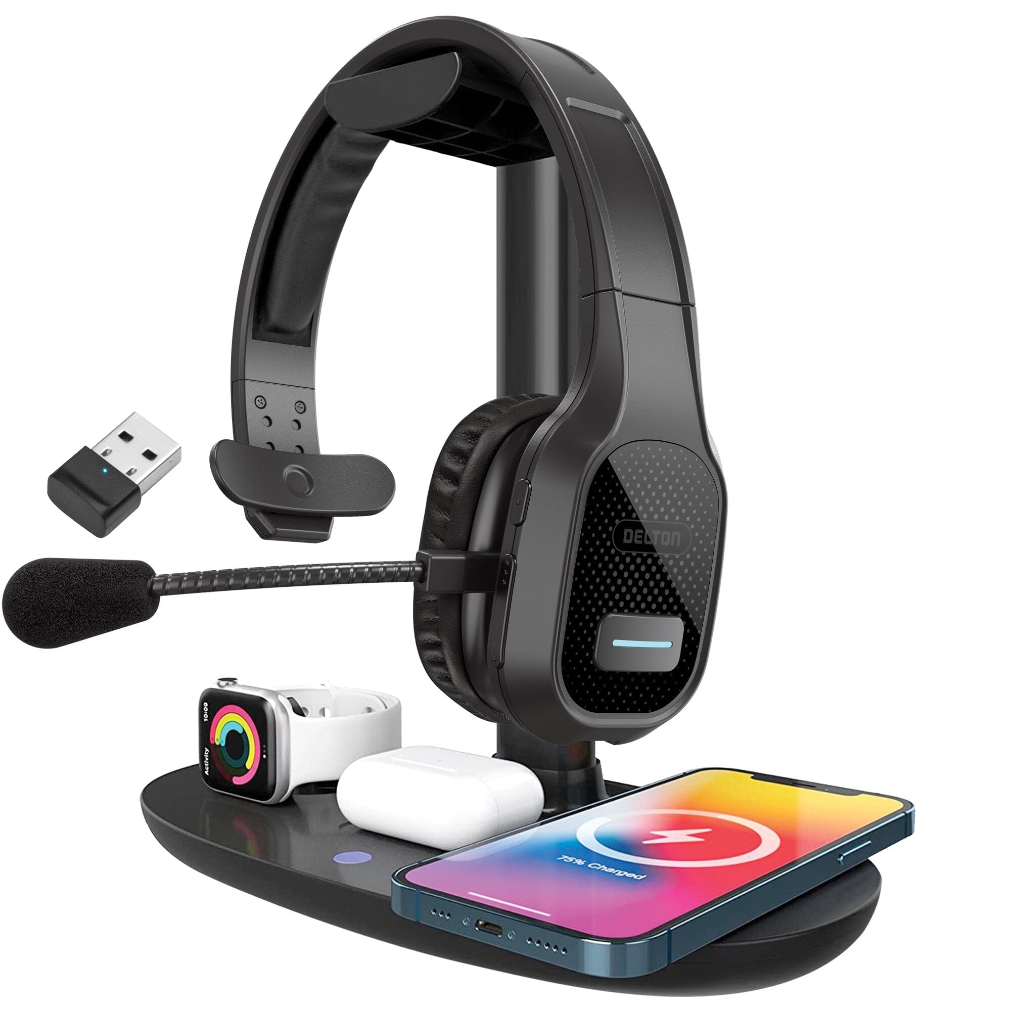 Delton 20X Bluetooth Headset & 3 in 1 Wireless Charging Station with Headset Holder Wireless Headset - Tophatter Daily Deals