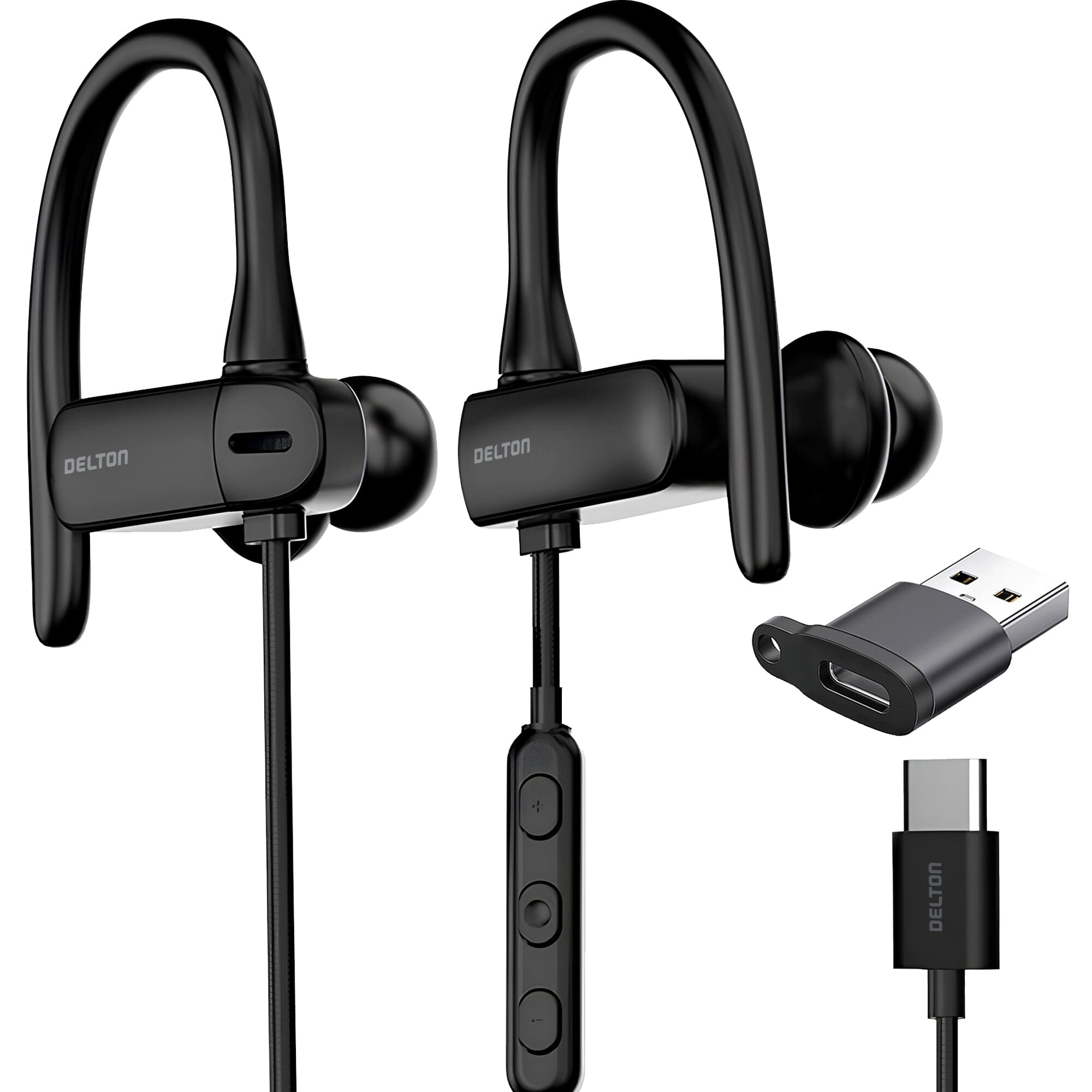 Delton 24ECA USB-C and USB-A Wired Earbuds with Microphone, Ergonomic In-Ear Design with Ear Hook In-Ear Headphones - Tophatter Daily Deals