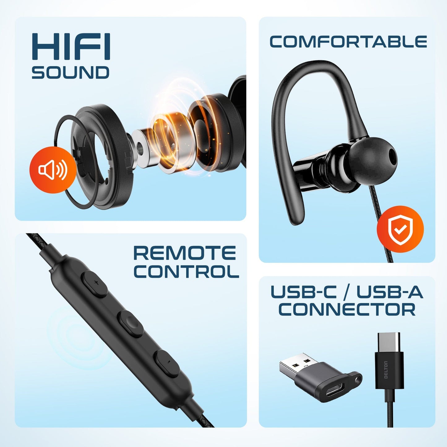 Delton 24ECA USB-C and USB-A Wired Earbuds with Microphone, Ergonomic In-Ear Design with Ear Hook In-Ear Headphones - Tophatter Daily Deals