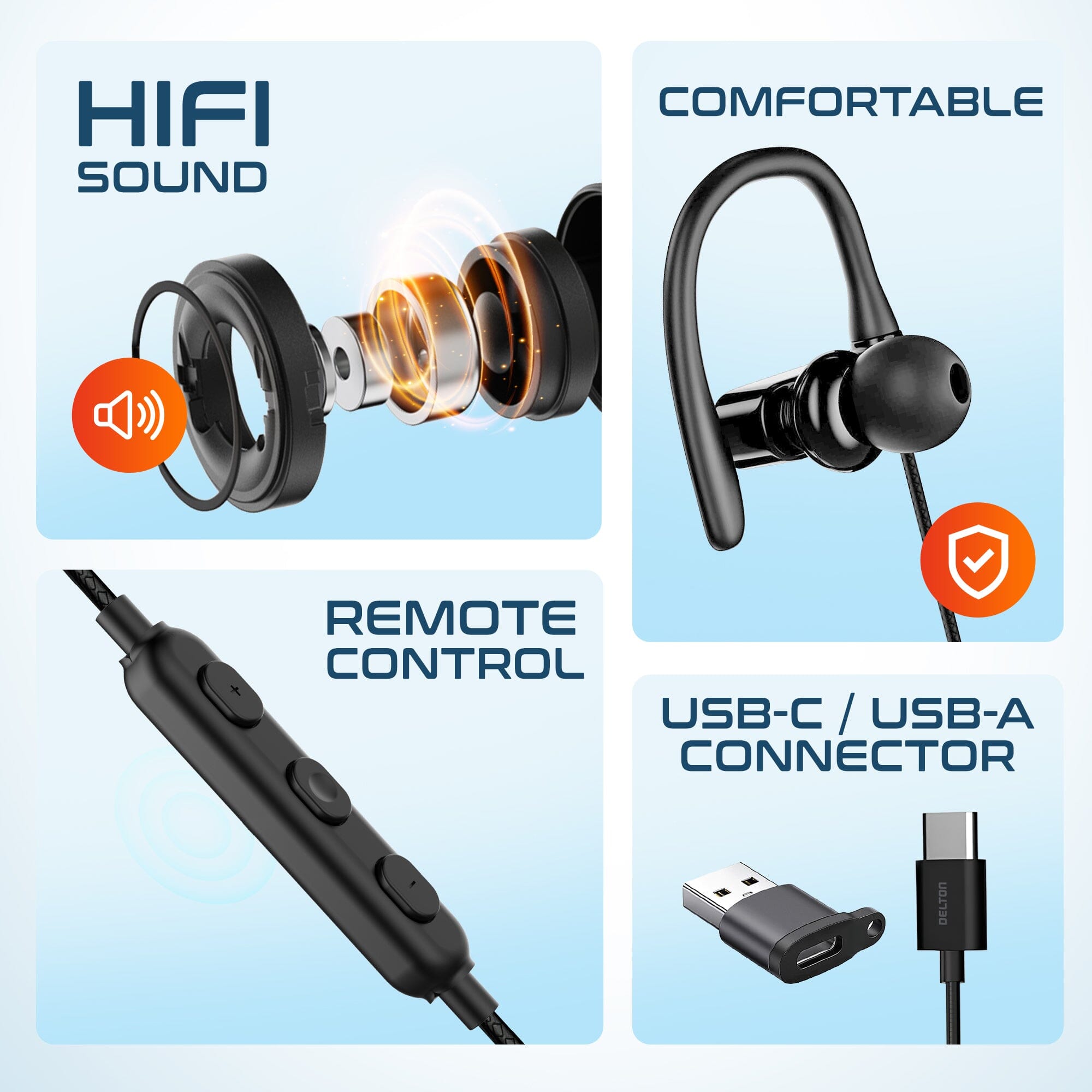 Delton 24ECA USB-C and USB-A Wired Earbuds with Microphone, Ergonomic In-Ear Design with Ear Hook In-Ear Headphones - Tophatter Daily Deals