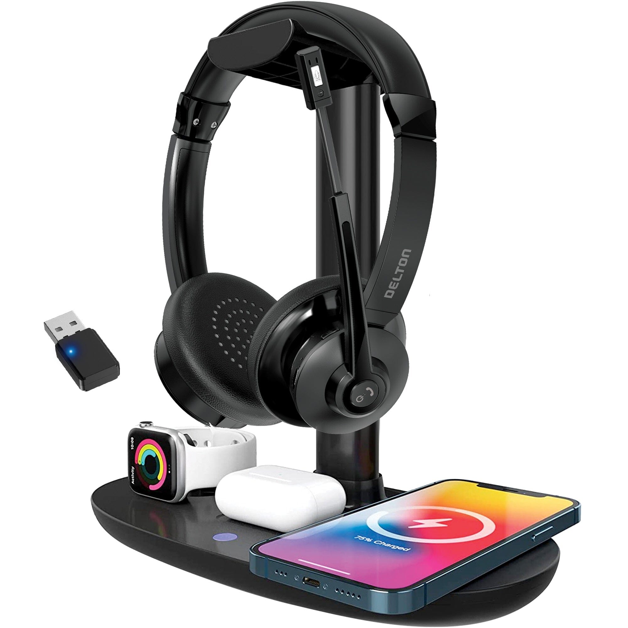Delton 30X Bluetooth Headset and 3-in-1 Wireless Charging Station with Headset Holder Wireless Headset - Tophatter Daily Deals
