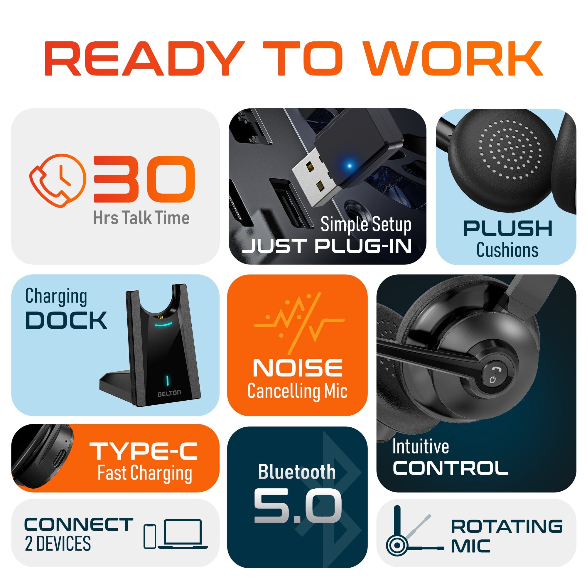 Delton 35X Bluetooth Computer Headset Wireless Headphone with Noise Cancelling Mic, Fast Charging Dock, Auto Pair USB Dongle Wireless Headset - Tophatter Daily Deals