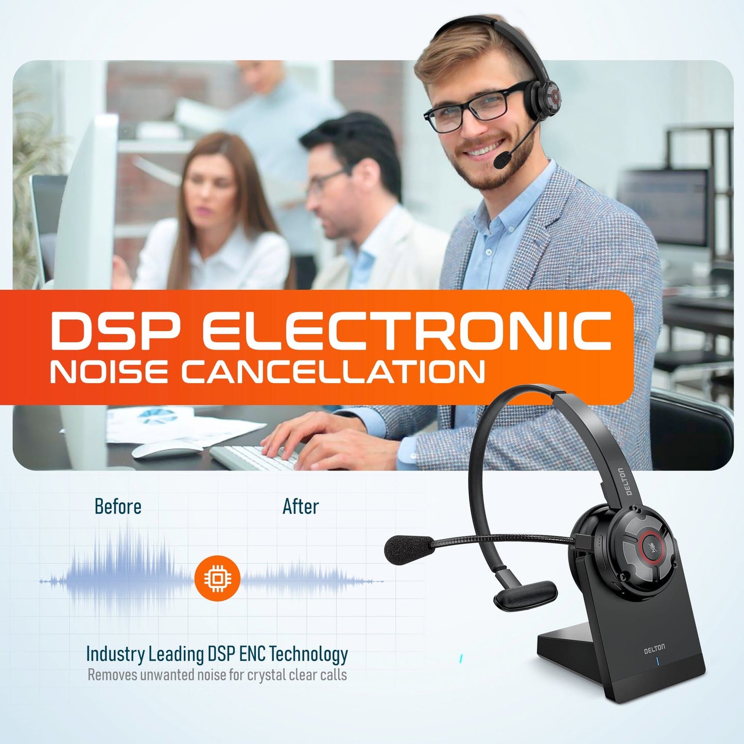 Delton 50X Wireless Bluetooth Computer Headset with Charging Dock Mono On-Ear Headphone Wired Headset - Tophatter Daily Deals