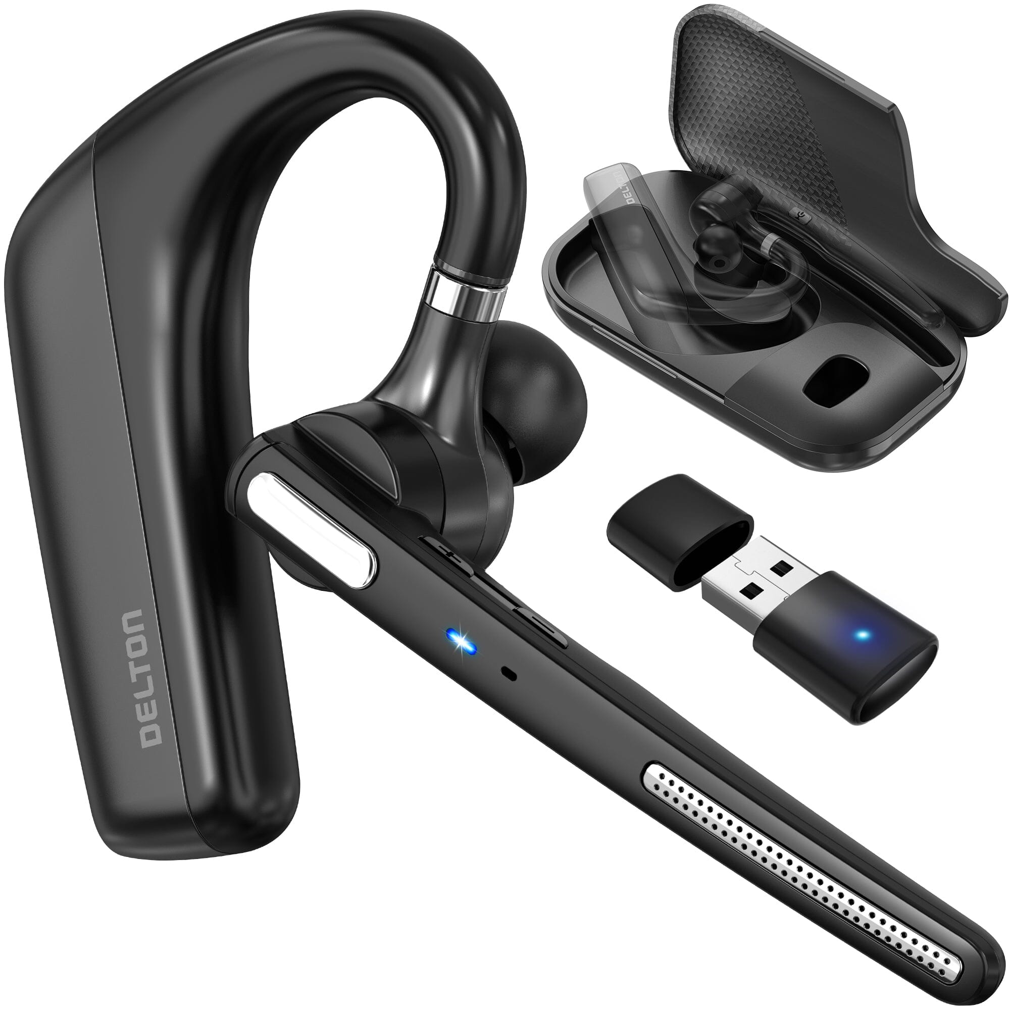 Delton 90X Ultralight Bluetooth Headset with Noise Cancelling Computer Headphone/ Earpiece with Charging Case Wired Headset - Tophatter Daily Deals