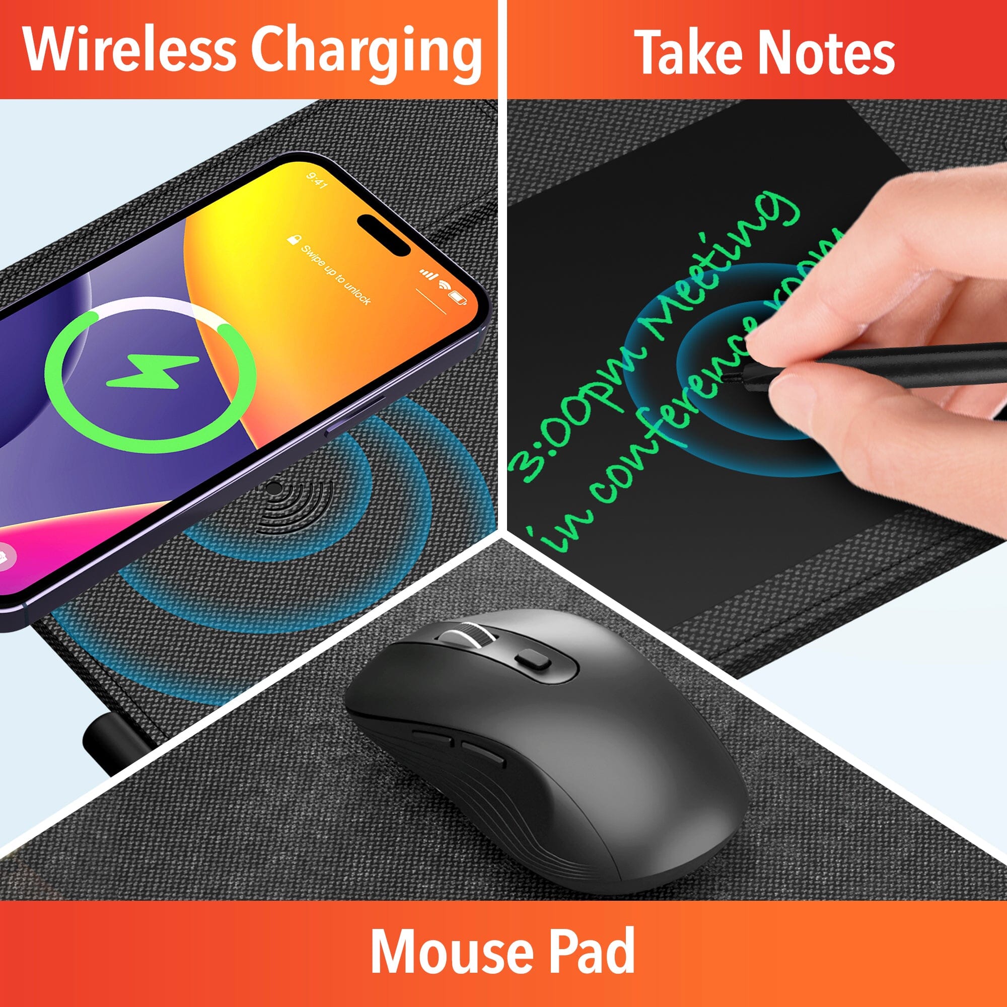 Delton D101 Wireless Charging Mouse Pad with Foldable Phone Stand & Writing Pad, Non-Slip Desk Mouse Mat 15W Wireless Charging Pad Qi Enabled Devices Charging Station - Tophatter Daily Deals