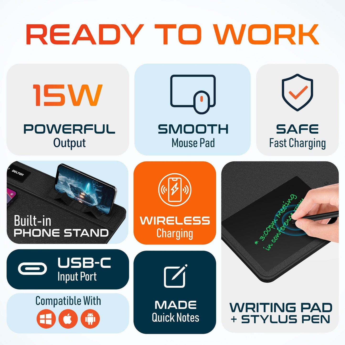 Delton D101 Wireless Charging Mouse Pad with Foldable Phone Stand & Writing Pad, Non-Slip Desk Mouse Mat 15W Wireless Charging Pad Qi Enabled Devices Charging Station - Tophatter Daily Deals
