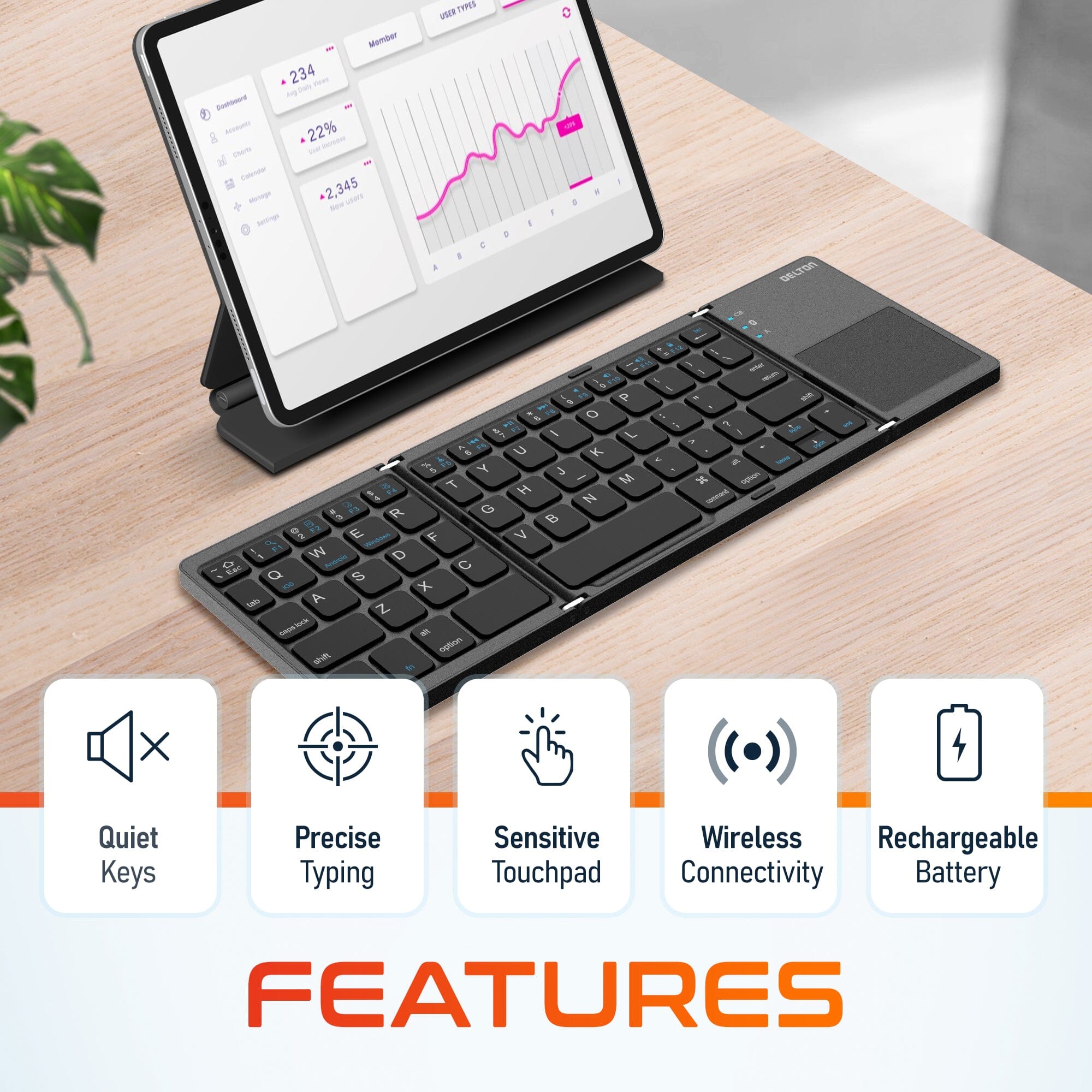 Delton F75 Bluetooth Keyboard with Sensitive Touchpad, Portable & Folding Design, Rechargeable Wireless Keyboard, Compatible with PC/Laptop, iMac, Tablets, Smartphones and More - Black Bluetooth Keyboard - Tophatter Daily Deals