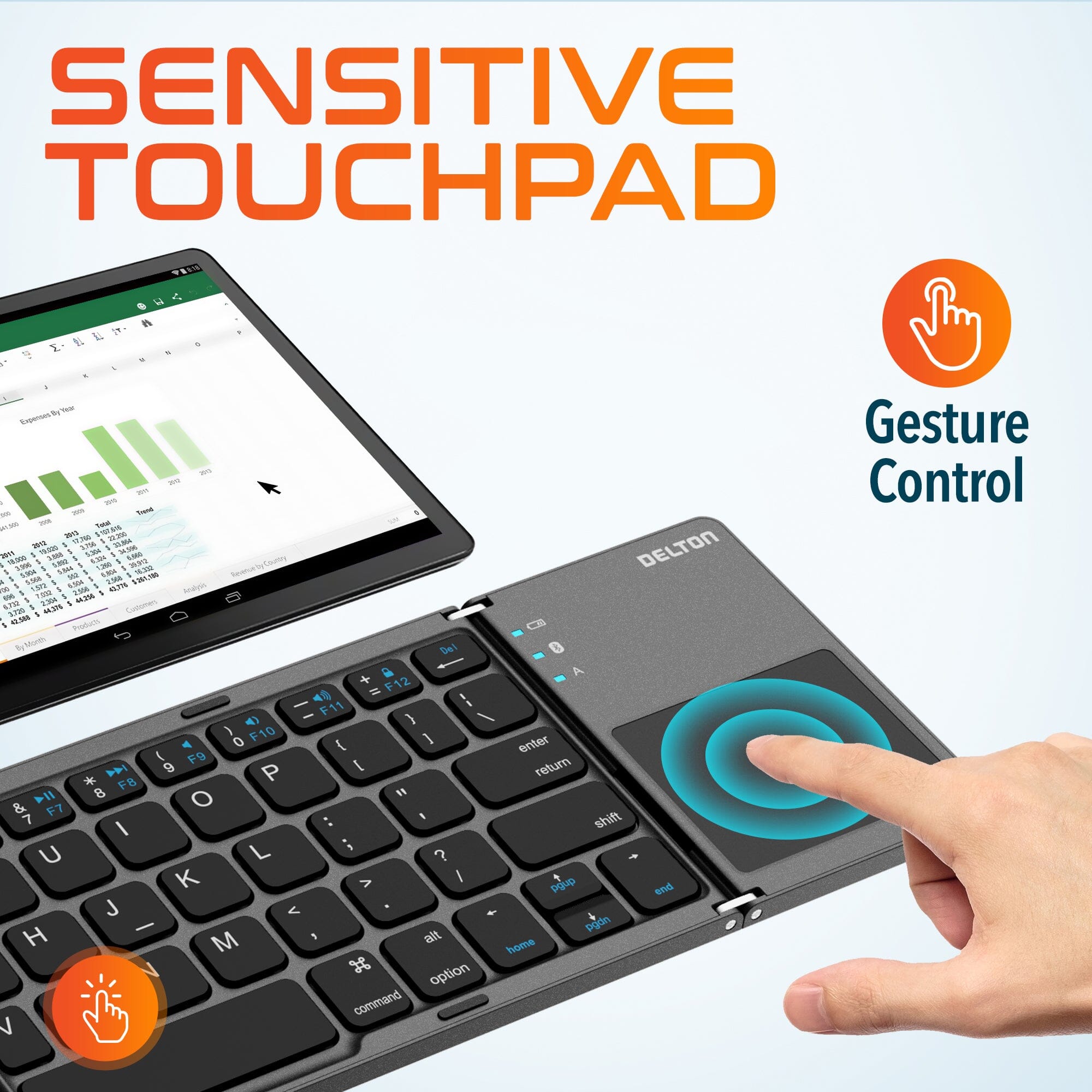 Delton F75 Bluetooth Keyboard with Sensitive Touchpad, Portable & Folding Design, Rechargeable Wireless Keyboard, Compatible with PC/Laptop, iMac, Tablets, Smartphones and More - Black Bluetooth Keyboard - Tophatter Daily Deals