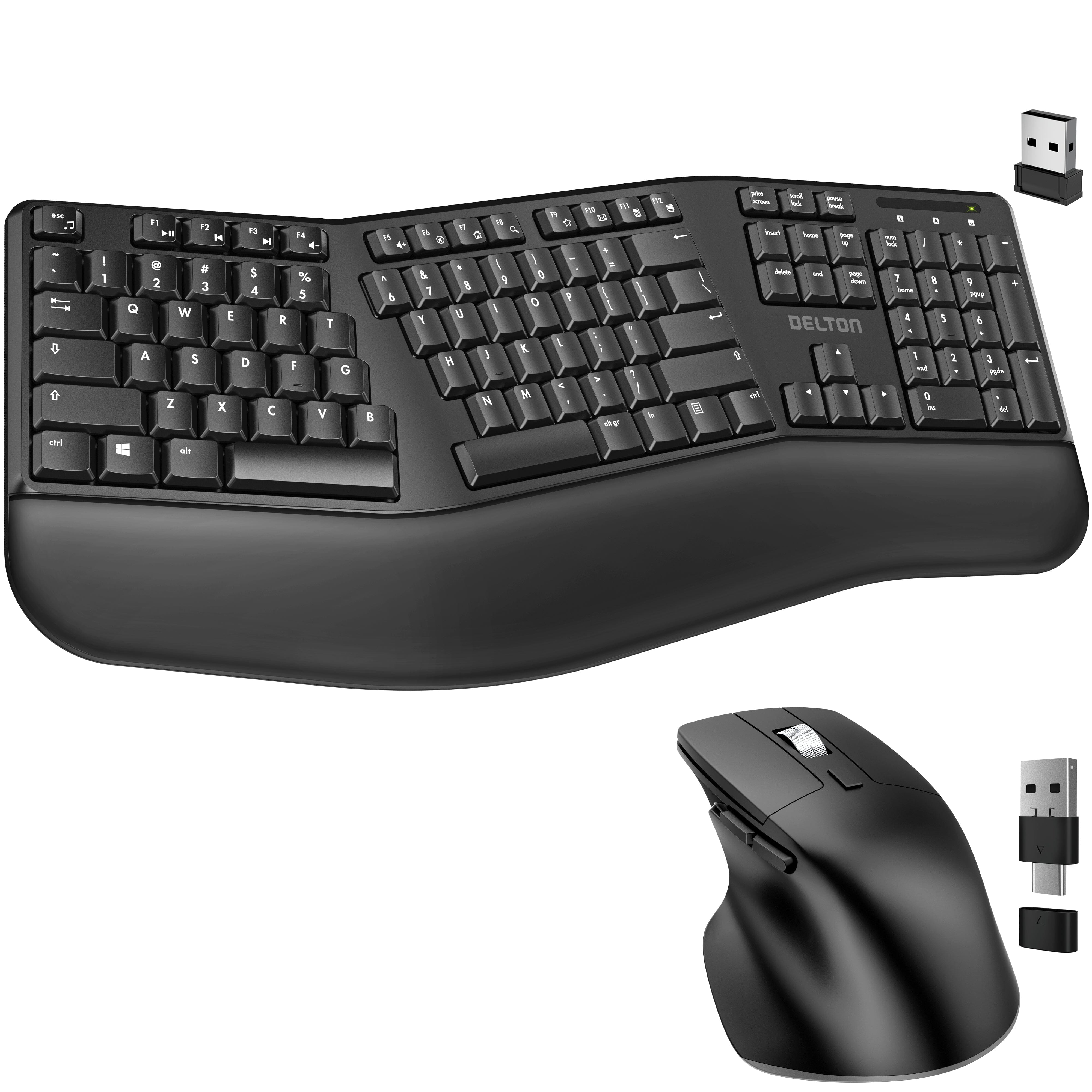Delton G18 Ergonomic Wireless Keyboard and Mouse, Split Keyboard with Wrist Support & Ergonomic Wireless Mouse, 2.4G Auto Pair USB Dongle for Computer, Laptop, Mac, Chromebook & Tablets - Black Wireless Keyboard & Mouse Set - Tophatter Daily Deals