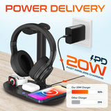 Delton HS1 3-in-1 Wireless Charging Station with Headphone Stand, Fast Charging Desk Charging Station, 15W Wireless Charger Stand for iPhones, iWatches, AirPods & Qi-enabled Devices - Black Charging Station - Tophatter Daily Deals