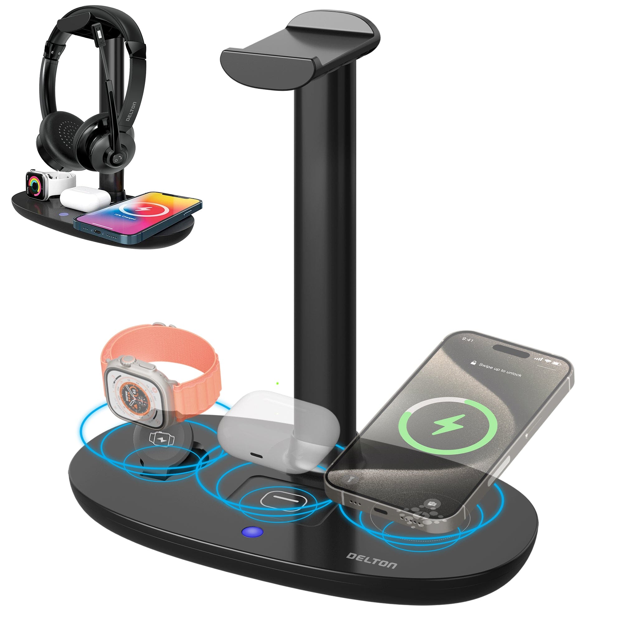 Delton HS1 3-in-1 Wireless Charging Station with Headphone Stand, Fast Charging Desk Charging Station, 15W Wireless Charger Stand for iPhones, iWatches, AirPods & Qi-enabled Devices - Black Charging Station - Tophatter Daily Deals