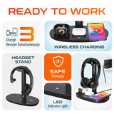 Delton HS1 3-in-1 Wireless Charging Station with Headphone Stand, Fast Charging Desk Charging Station, 15W Wireless Charger Stand for iPhones, iWatches, AirPods & Qi-enabled Devices - Black Charging Station - Tophatter Daily Deals
