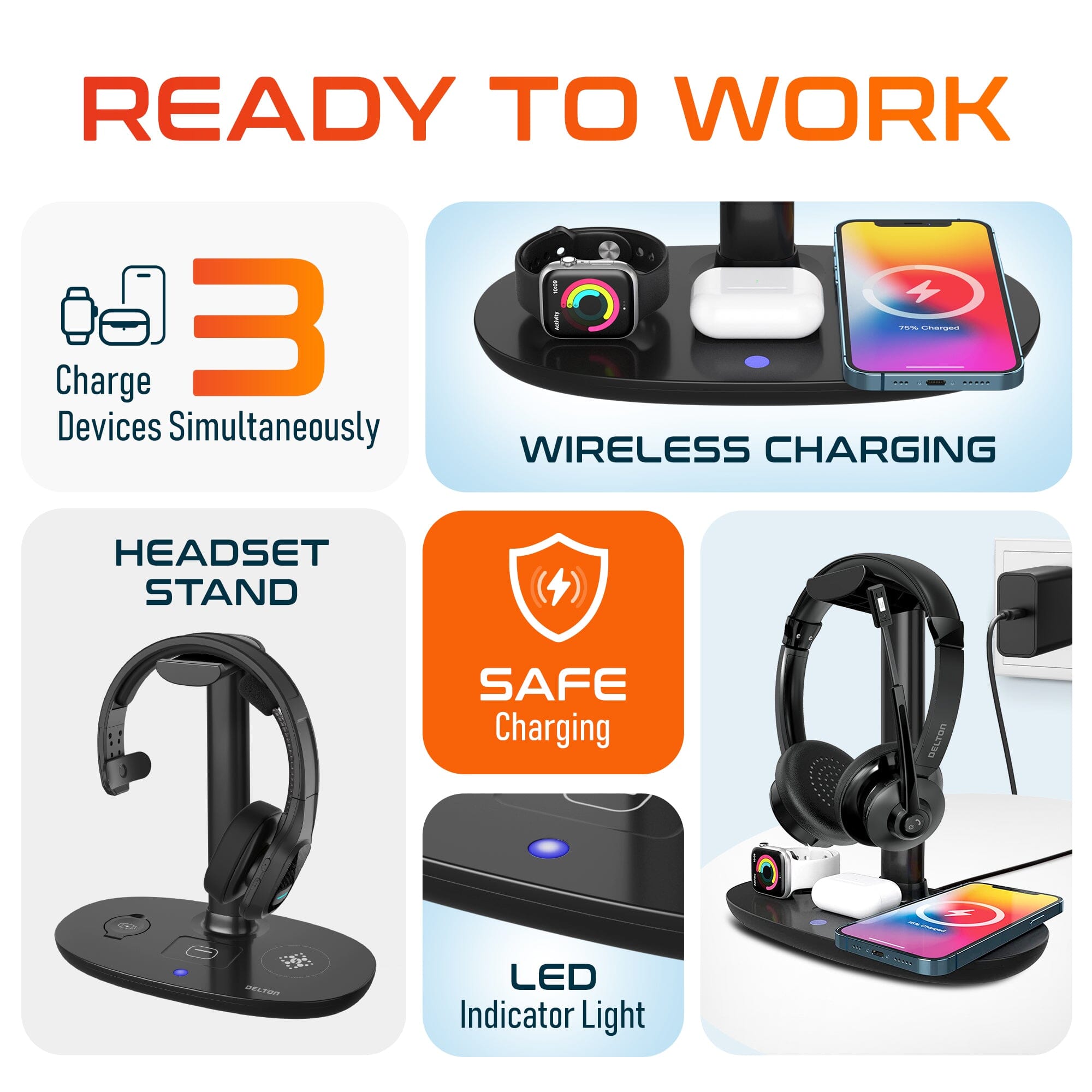 Delton HS1 3-in-1 Wireless Charging Station with Headphone Stand, Fast Charging Desk Charging Station, 15W Wireless Charger Stand for iPhones, iWatches, AirPods & Qi-enabled Devices - Black Charging Station - Tophatter Daily Deals