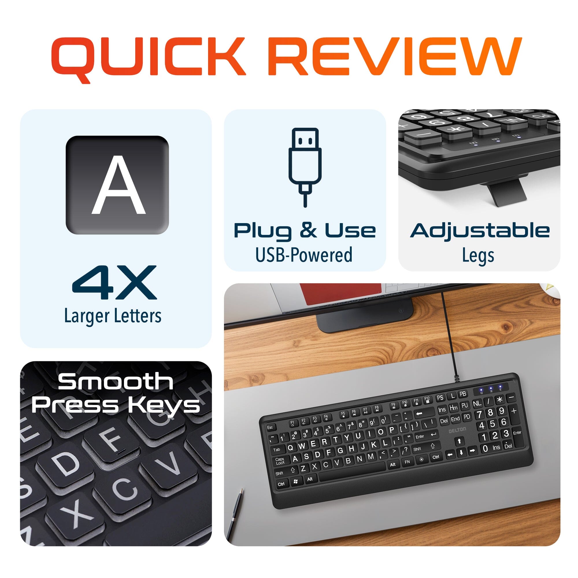Delton KB20 Large Print USB Wired Lighted 104 Keys Keyboard Wired Keyboard - Tophatter Daily Deals